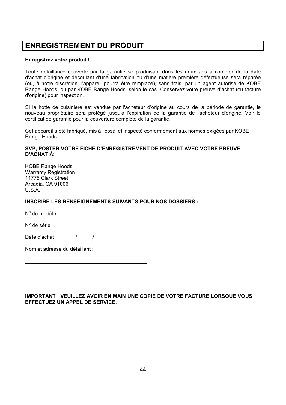 Enregistrement du produit | Kobe Range Hoods RA9430SQB User Manual | Page 46 / 71