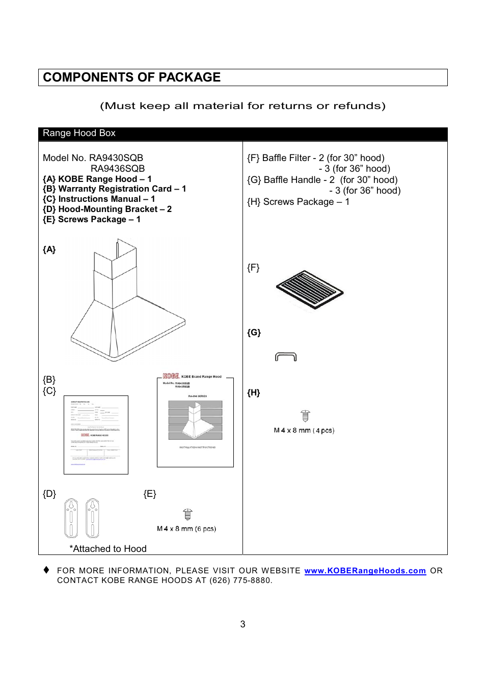 Components of package | Kobe Range Hoods RA9430SQB User Manual | Page 5 / 71