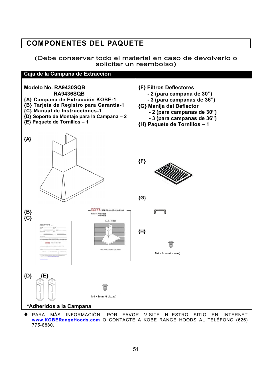 Componentes del paquete | Kobe Range Hoods RA9430SQB User Manual | Page 53 / 71