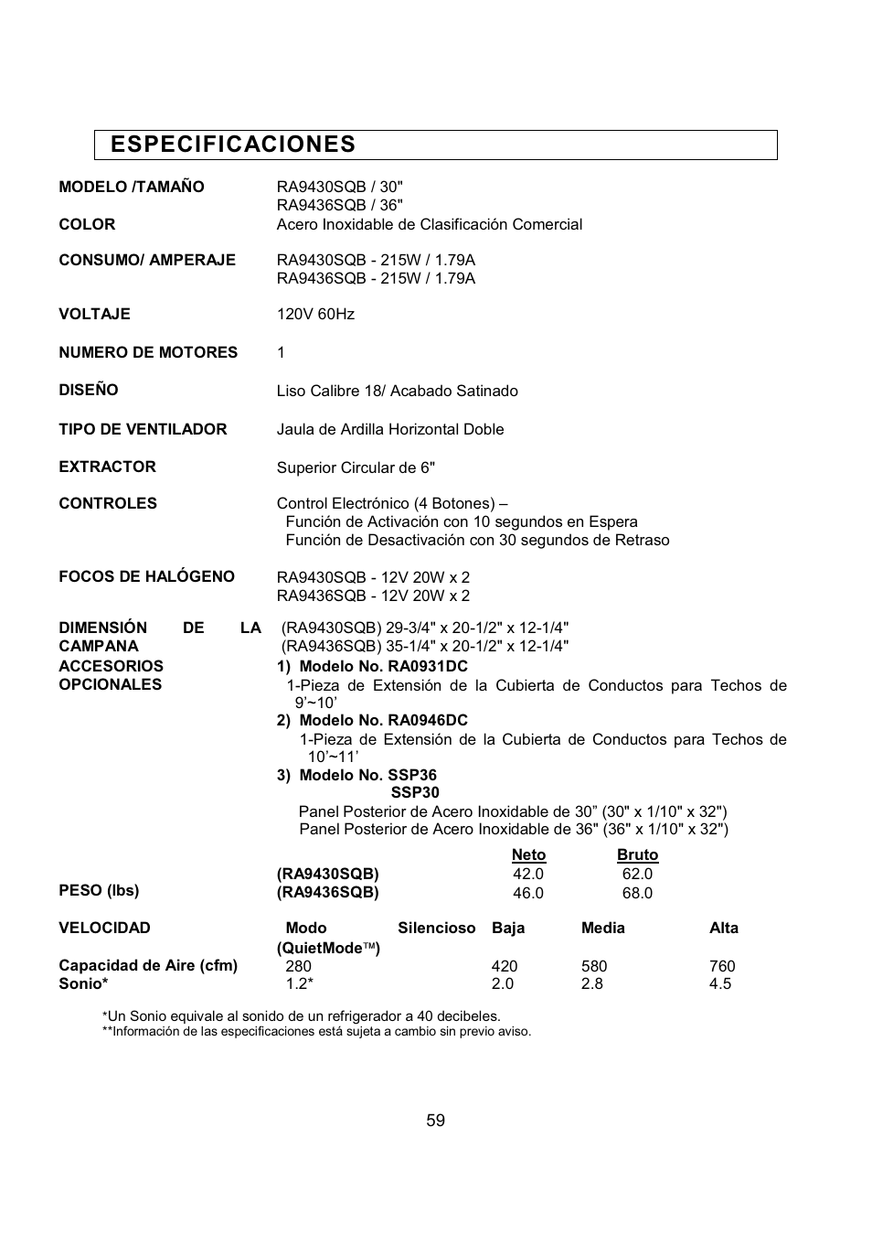 Especificaciones | Kobe Range Hoods RA9430SQB User Manual | Page 61 / 71