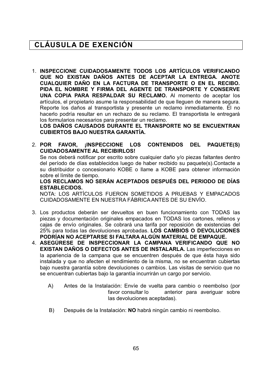 Cláusula de exención | Kobe Range Hoods RA9430SQB User Manual | Page 67 / 71