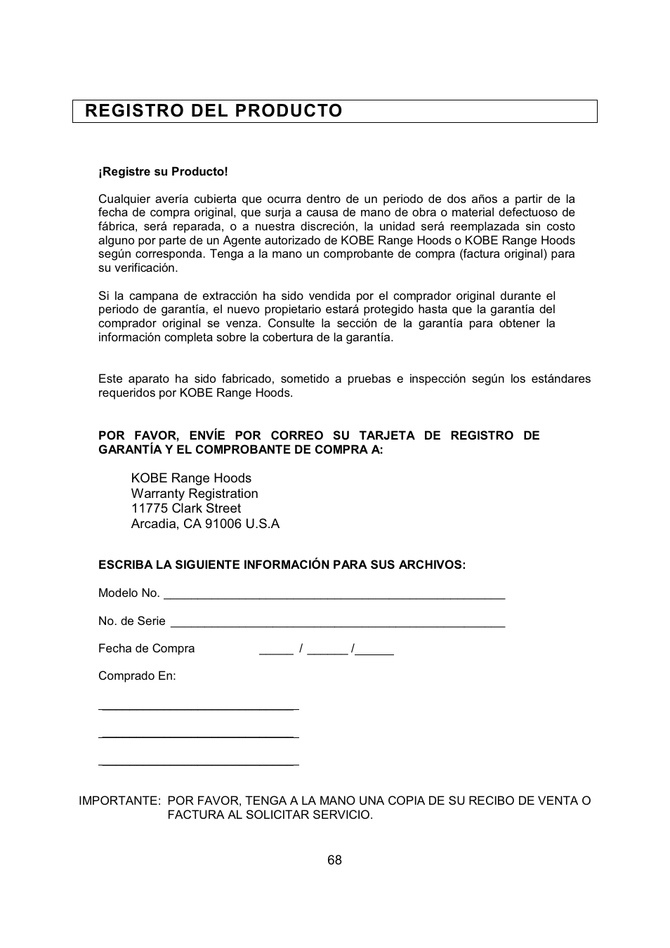 Registro del producto | Kobe Range Hoods RA9430SQB User Manual | Page 70 / 71