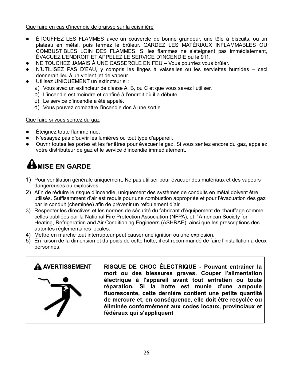 Mise en garde | Kobe Range Hoods IS2042GS User Manual | Page 28 / 72