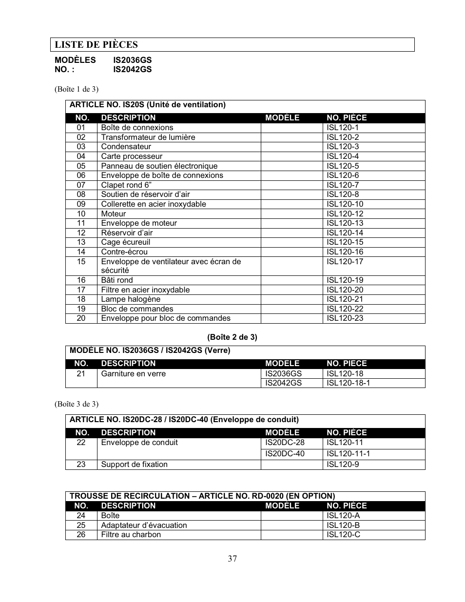 Liste de pièces | Kobe Range Hoods IS2042GS User Manual | Page 39 / 72