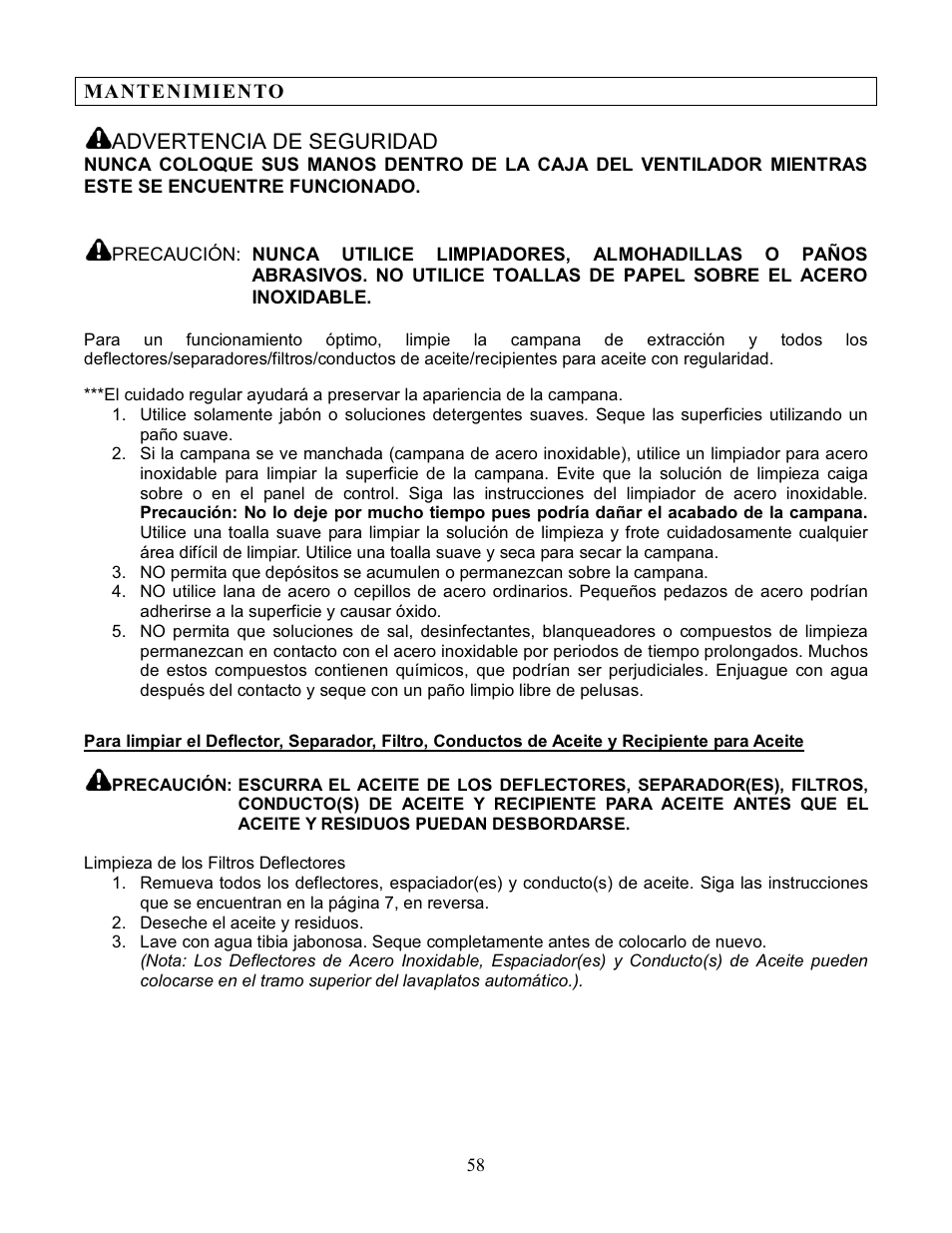 Advertencia de seguridad | Kobe Range Hoods IS2042GS User Manual | Page 60 / 72