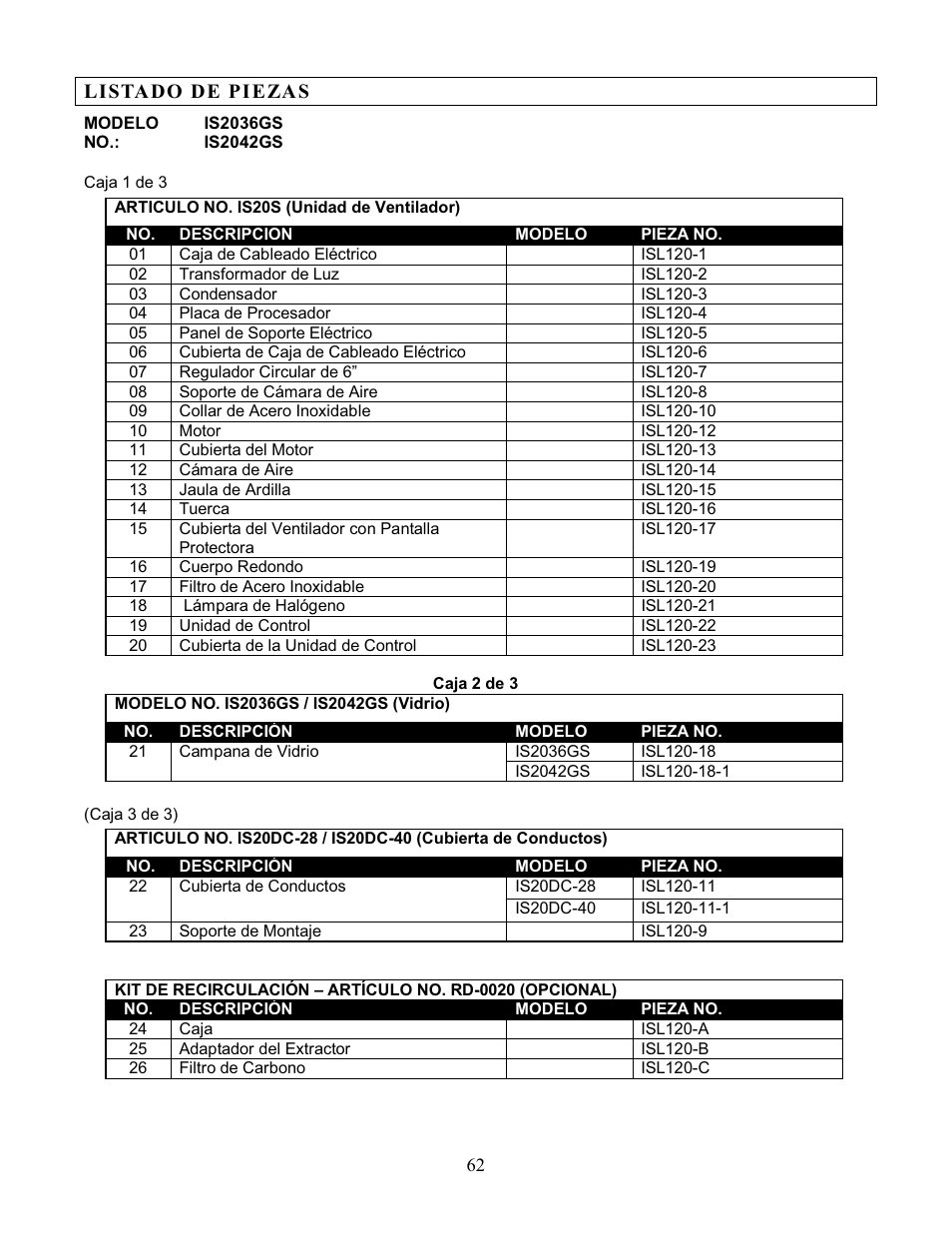 Lista do de pi e za s | Kobe Range Hoods IS2042GS User Manual | Page 64 / 72