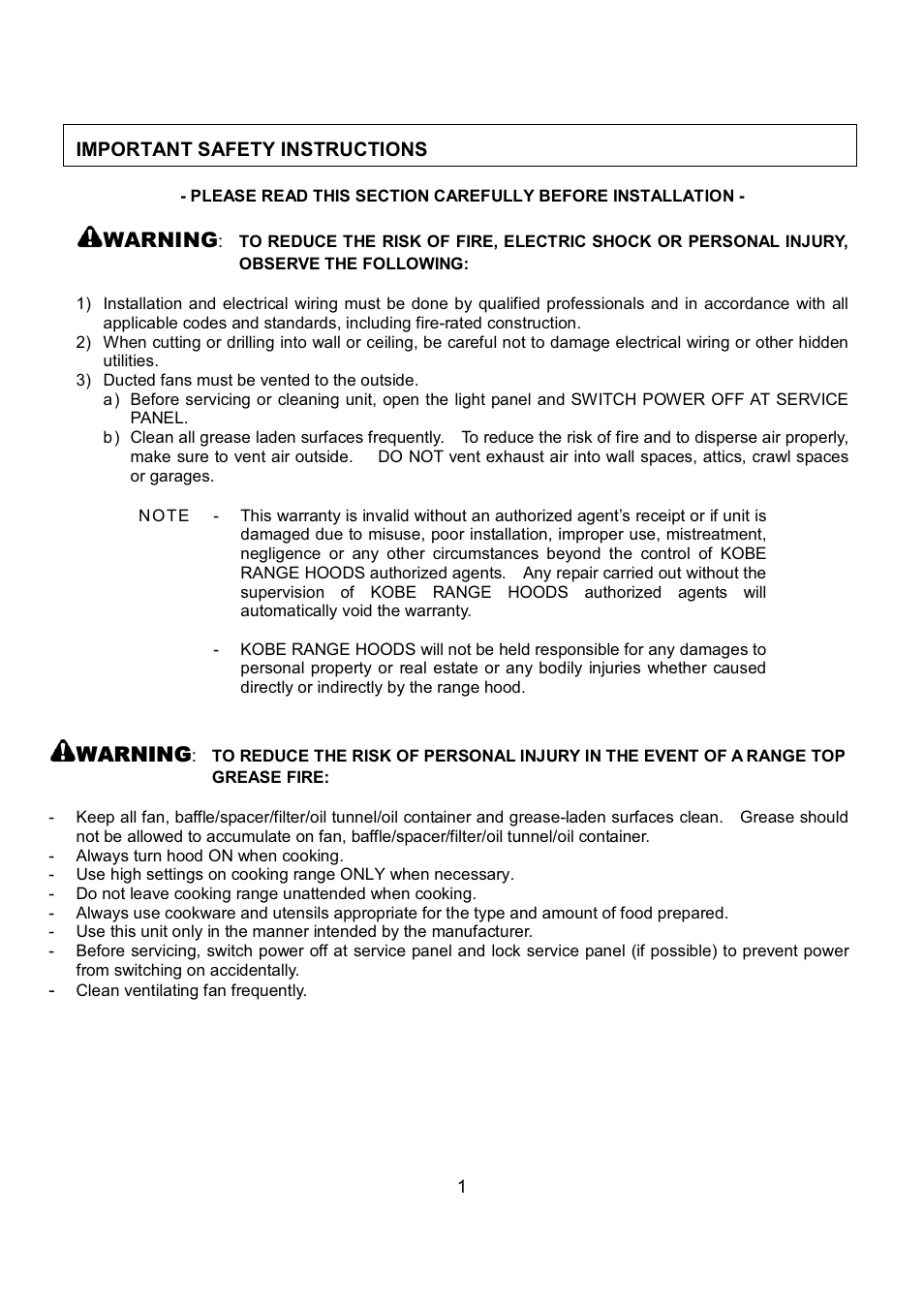 Warning | Kobe Range Hoods CX1842GS-8 User Manual | Page 3 / 75