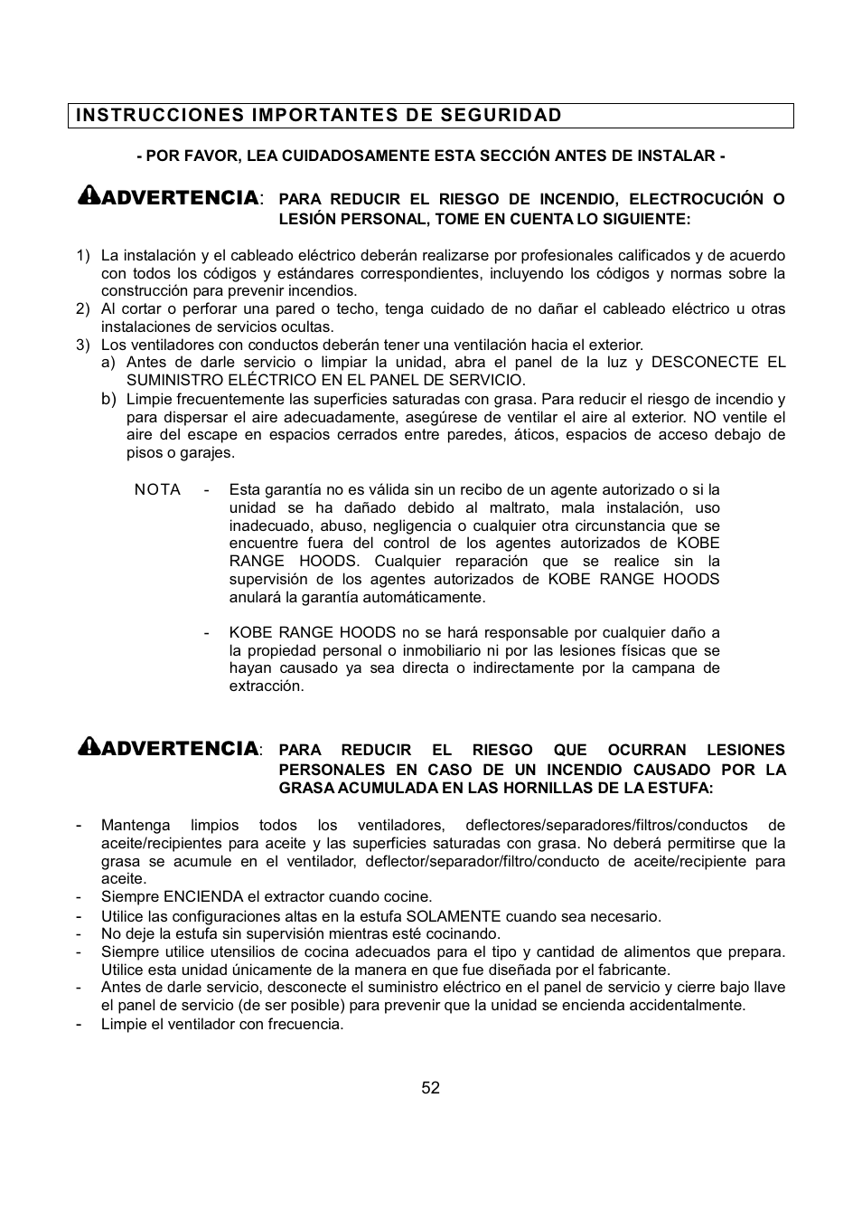Advertencia | Kobe Range Hoods CX1842GS-8 User Manual | Page 53 / 75