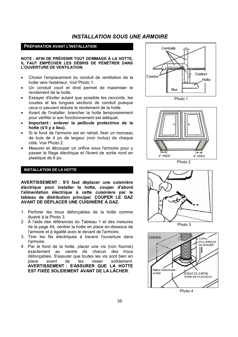 Installation sous une armoire | Kobe Range Hoods CH9748SQB User Manual | Page 37 / 87