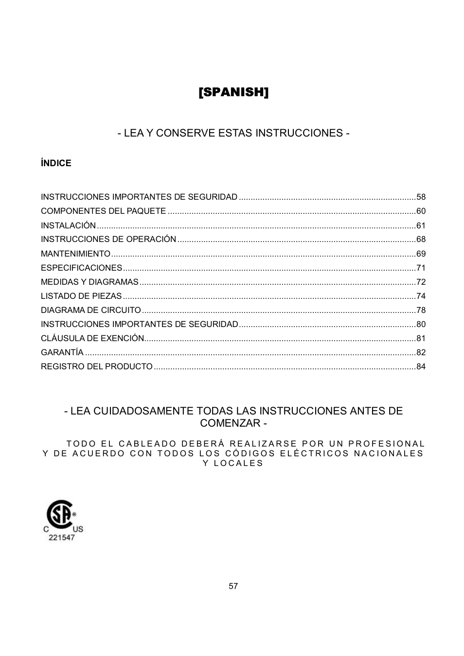 Spanish | Kobe Range Hoods CH9748SQB User Manual | Page 59 / 87