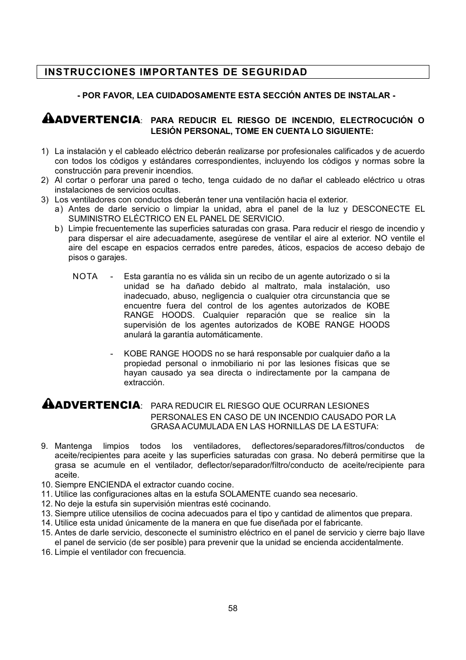 Advertencia | Kobe Range Hoods CH9748SQB User Manual | Page 60 / 87