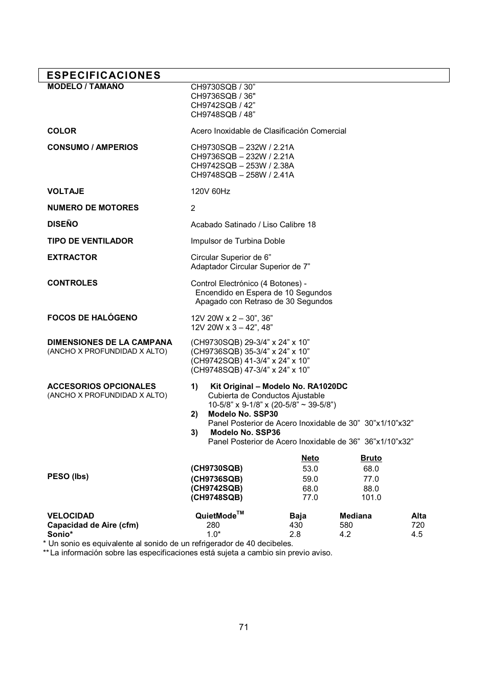 Espe cifi c aci one s | Kobe Range Hoods CH9748SQB User Manual | Page 73 / 87