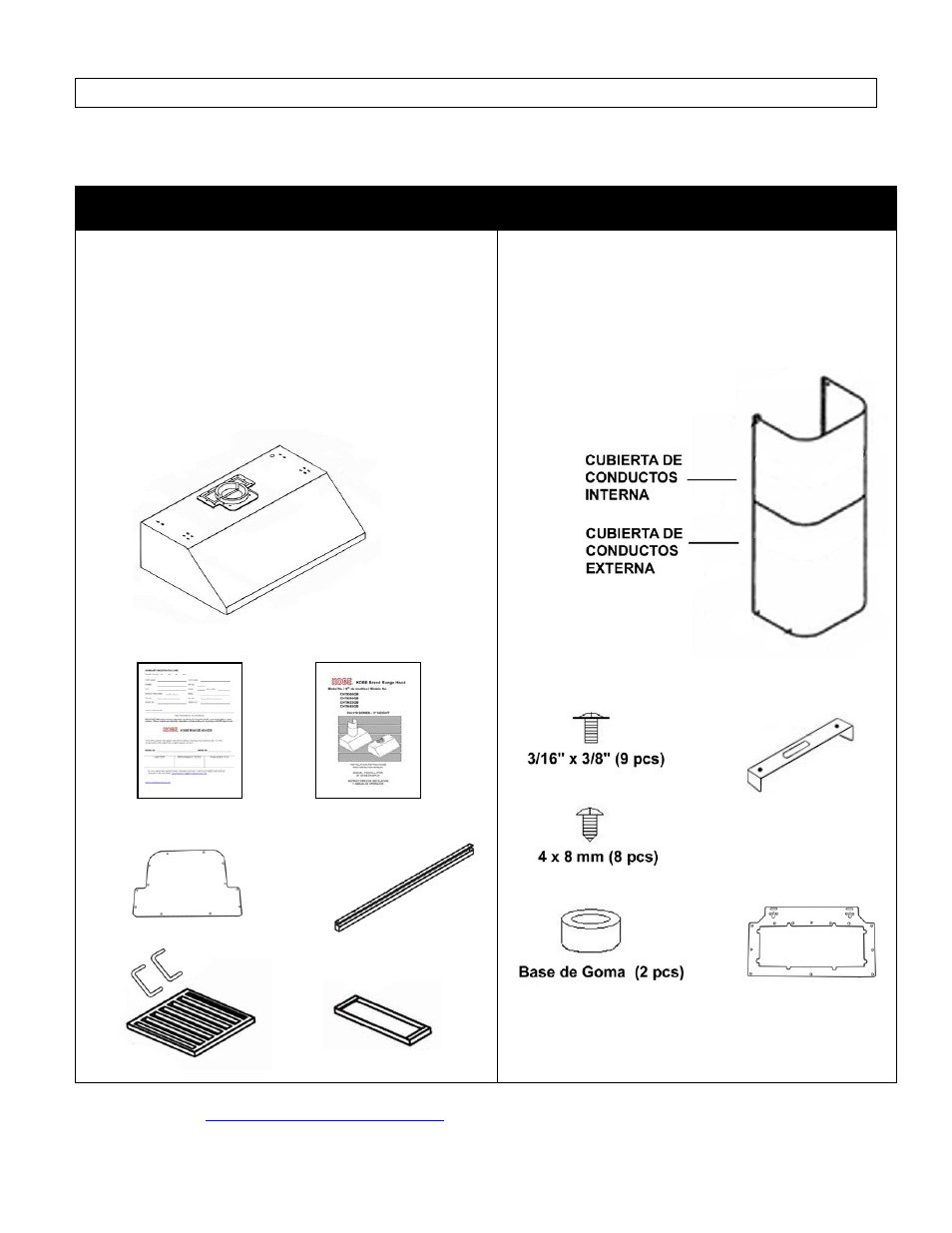 Componentes del paquete | Kobe Range Hoods CH7948SQB User Manual | Page 72 / 102