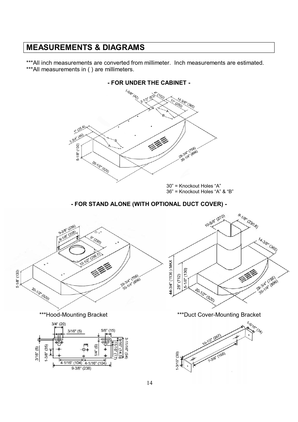 Measurements & diagrams | Kobe Range Hoods RA3836SQD User Manual | Page 16 / 75