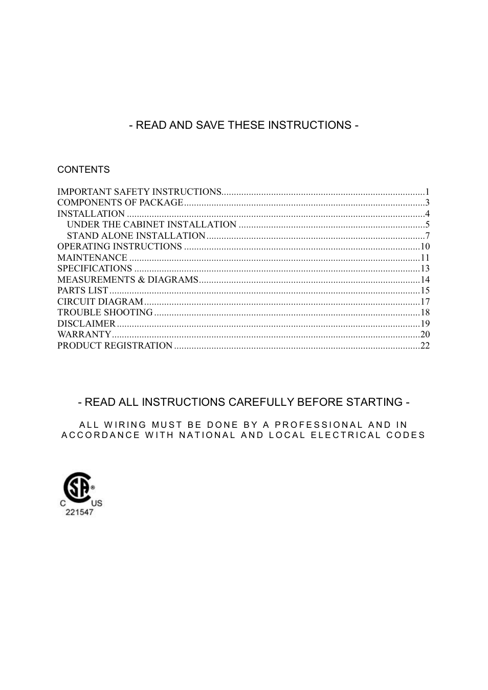 Read and save these instructions, Read all instructions carefully before starting | Kobe Range Hoods RA3836SQD User Manual | Page 2 / 75