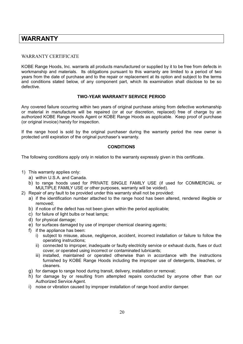 Warranty | Kobe Range Hoods RA3836SQD User Manual | Page 22 / 75