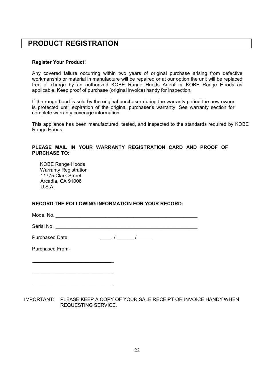Product registration | Kobe Range Hoods RA3836SQD User Manual | Page 24 / 75