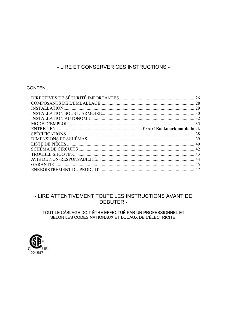 Lire et conserver ces instructions | Kobe Range Hoods RA3836SQD User Manual | Page 27 / 75