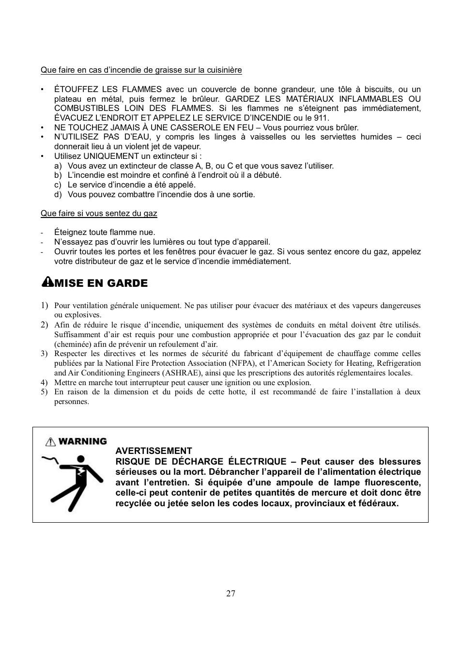 Mise en garde | Kobe Range Hoods RA3836SQD User Manual | Page 29 / 75