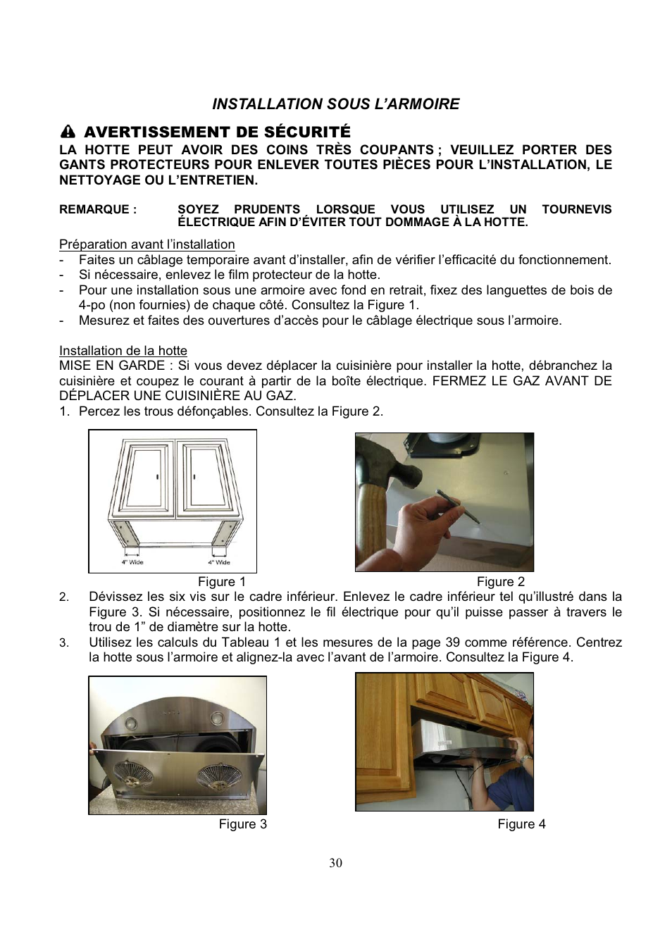Installation sous l’armoire, Avertissement de sécurité | Kobe Range Hoods RA3836SQD User Manual | Page 32 / 75