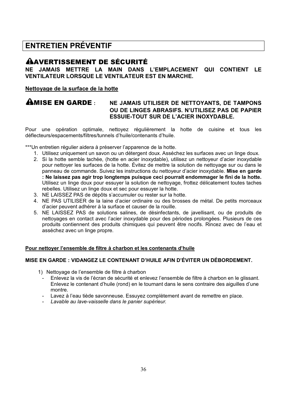 Entretien préventif | Kobe Range Hoods RA3836SQD User Manual | Page 38 / 75
