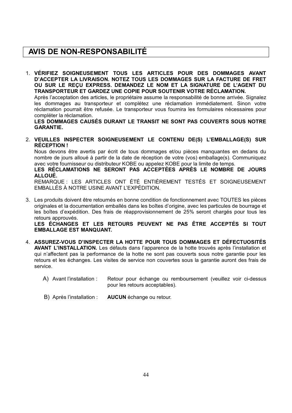 Avis de non-responsabilité | Kobe Range Hoods RA3836SQD User Manual | Page 46 / 75