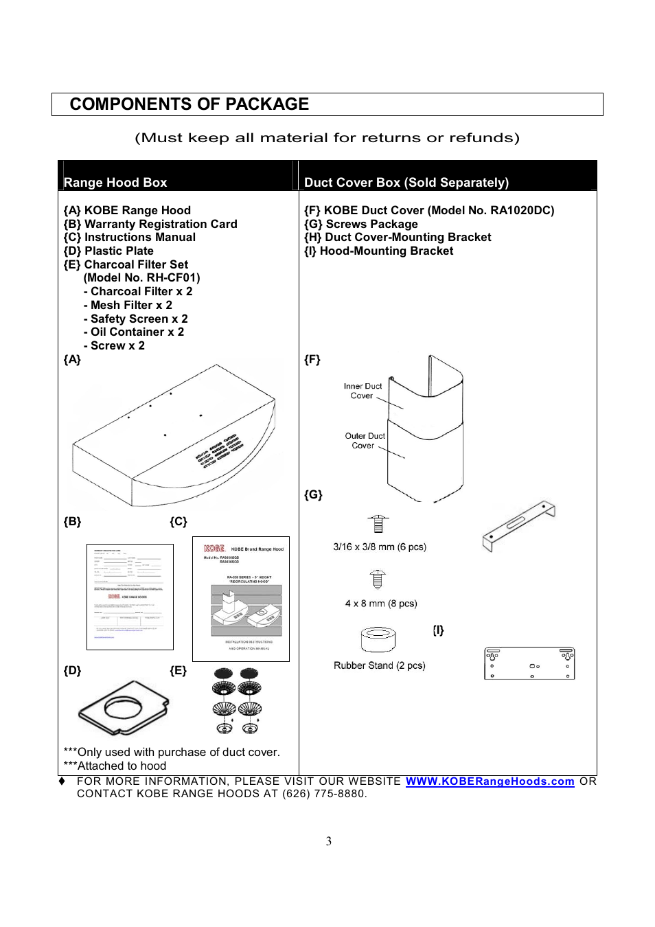 Components of package | Kobe Range Hoods RA3836SQD User Manual | Page 5 / 75