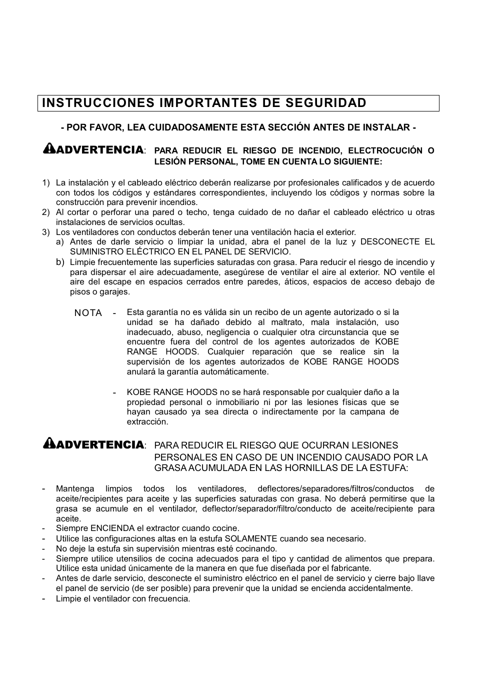 Instrucciones importantes de seguridad | Kobe Range Hoods RA3836SQD User Manual | Page 53 / 75