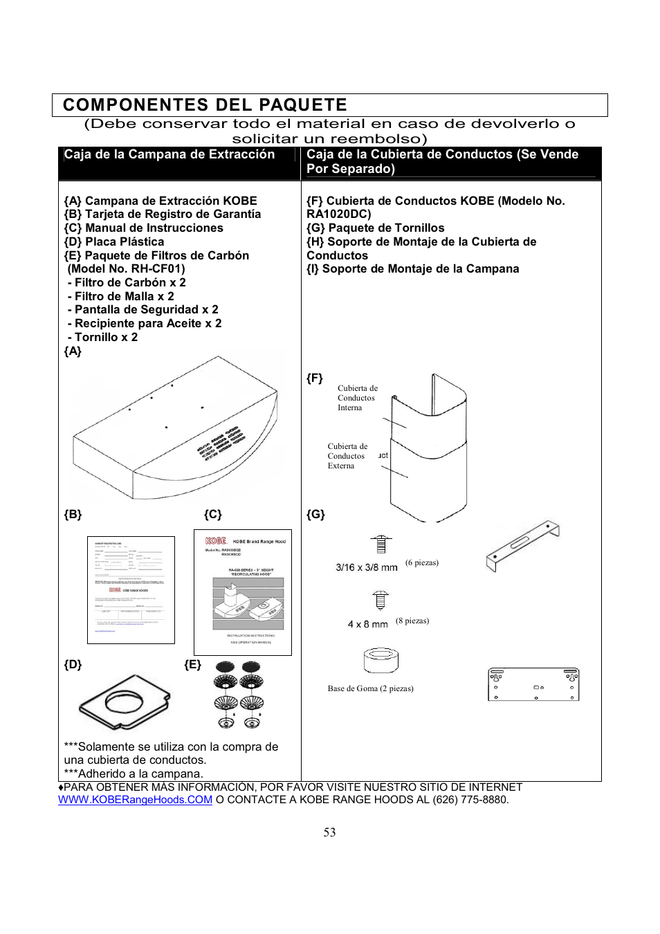 Componentes del paquete | Kobe Range Hoods RA3836SQD User Manual | Page 55 / 75