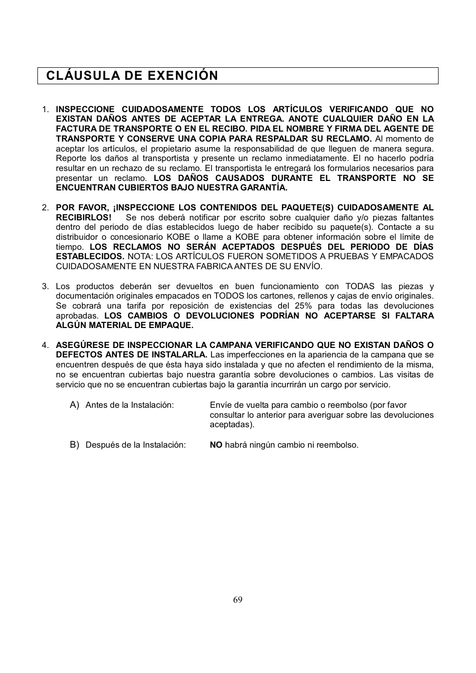 Cláusula de exención | Kobe Range Hoods RA3836SQD User Manual | Page 71 / 75