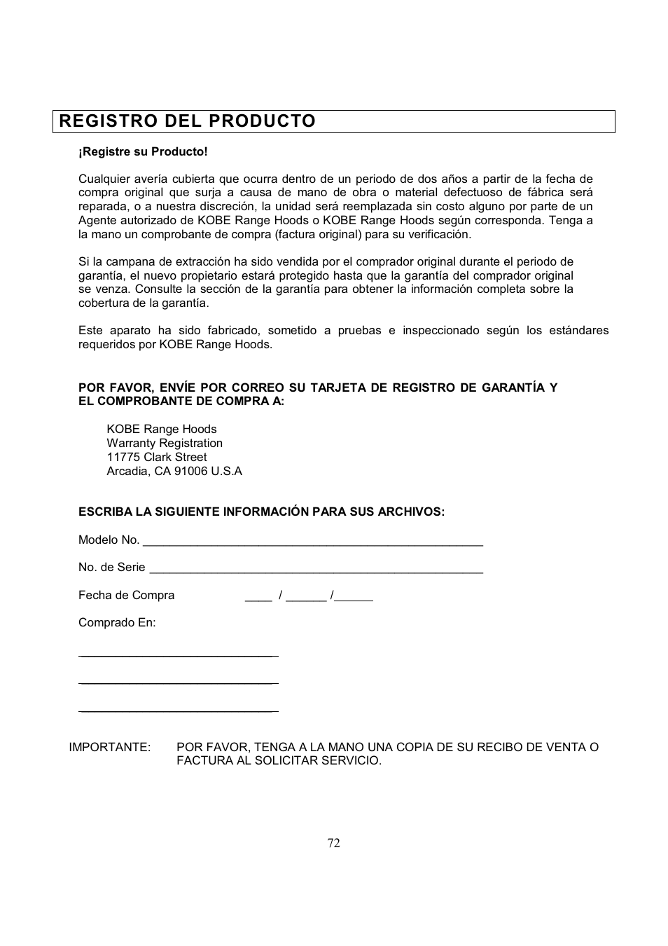 Registro del producto | Kobe Range Hoods RA3836SQD User Manual | Page 74 / 75