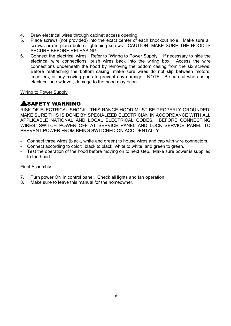 Safety warning | Kobe Range Hoods RA3836SQD User Manual | Page 8 / 75
