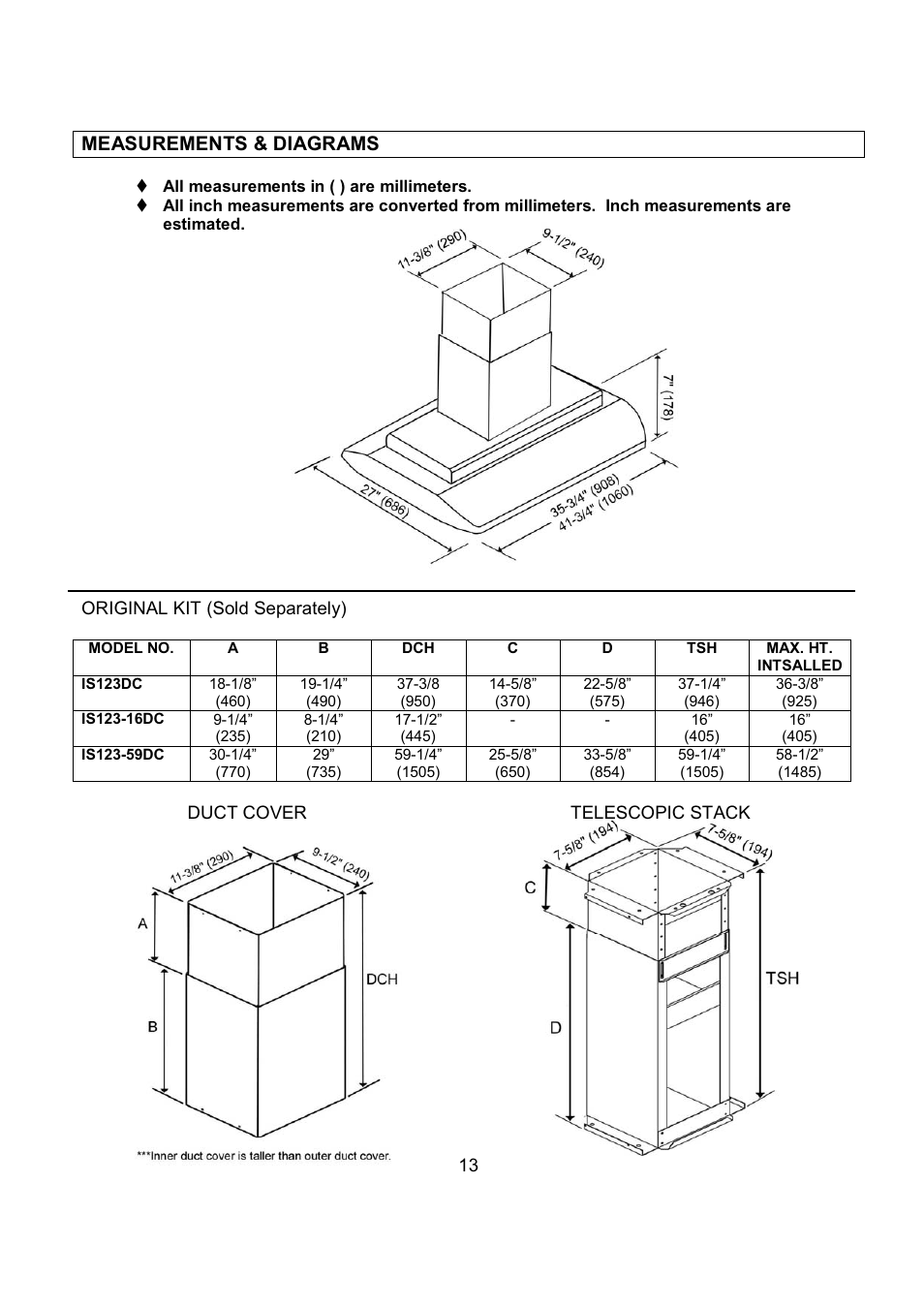 Measurements & diagrams | Kobe Range Hoods IS2336SQ User Manual | Page 15 / 72