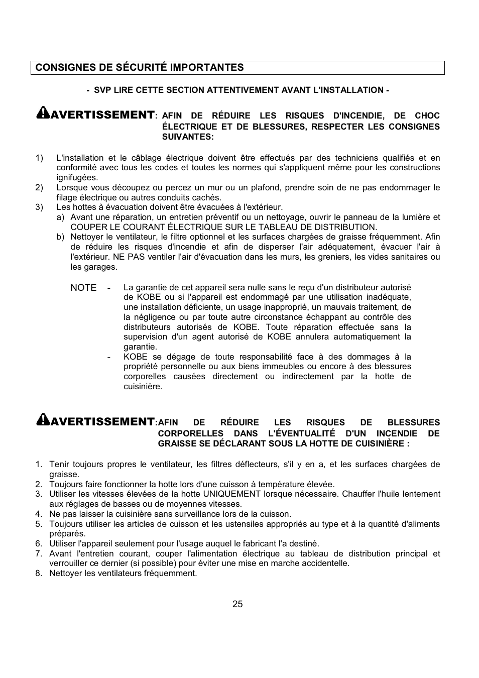 Avertissement | Kobe Range Hoods IS2336SQ User Manual | Page 27 / 72