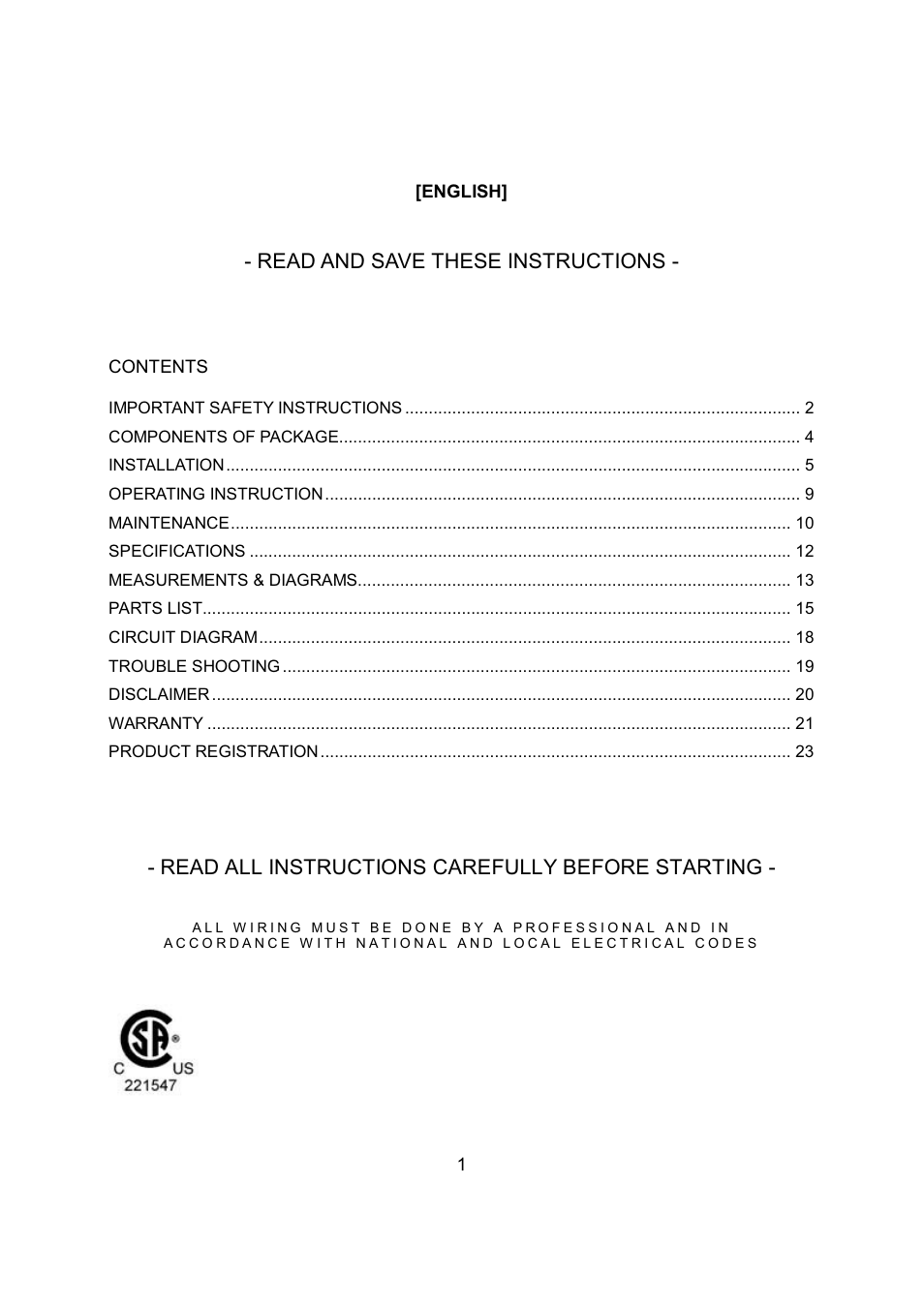 Read and save these instructions, Read all instructions carefully before starting | Kobe Range Hoods IS2336SQ User Manual | Page 3 / 72
