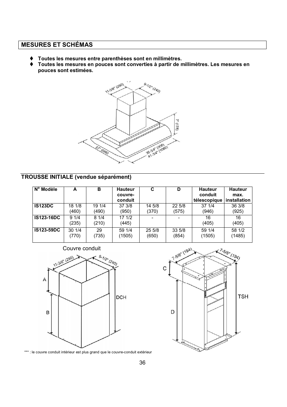 Mesures et schémas | Kobe Range Hoods IS2336SQ User Manual | Page 38 / 72
