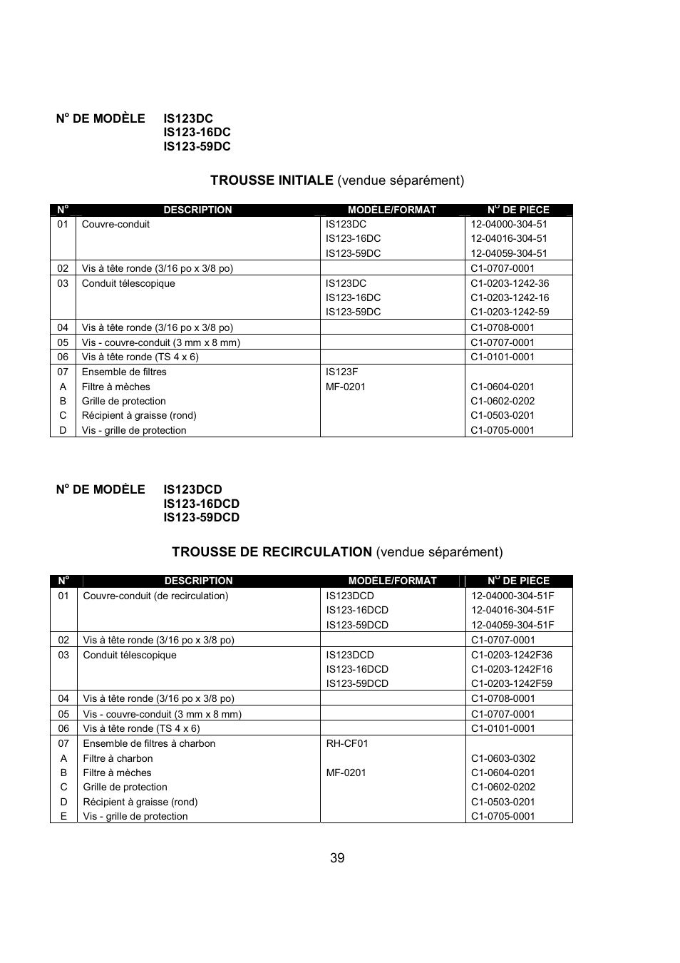 39 trousse initiale (vendue séparément), Trousse de recirculation (vendue séparément) | Kobe Range Hoods IS2336SQ User Manual | Page 41 / 72
