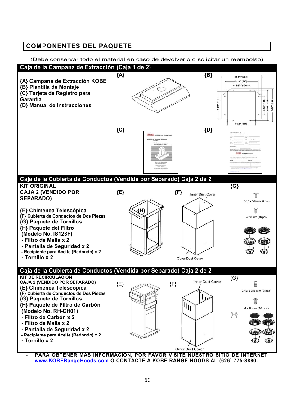 Compo nen tes del paqu e te | Kobe Range Hoods IS2336SQ User Manual | Page 52 / 72