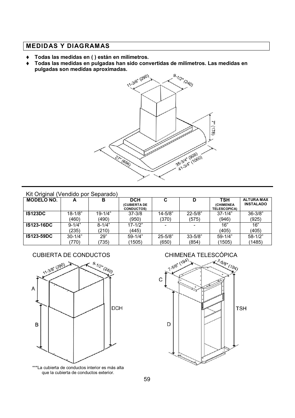 Medid as y di ag r am as | Kobe Range Hoods IS2336SQ User Manual | Page 61 / 72