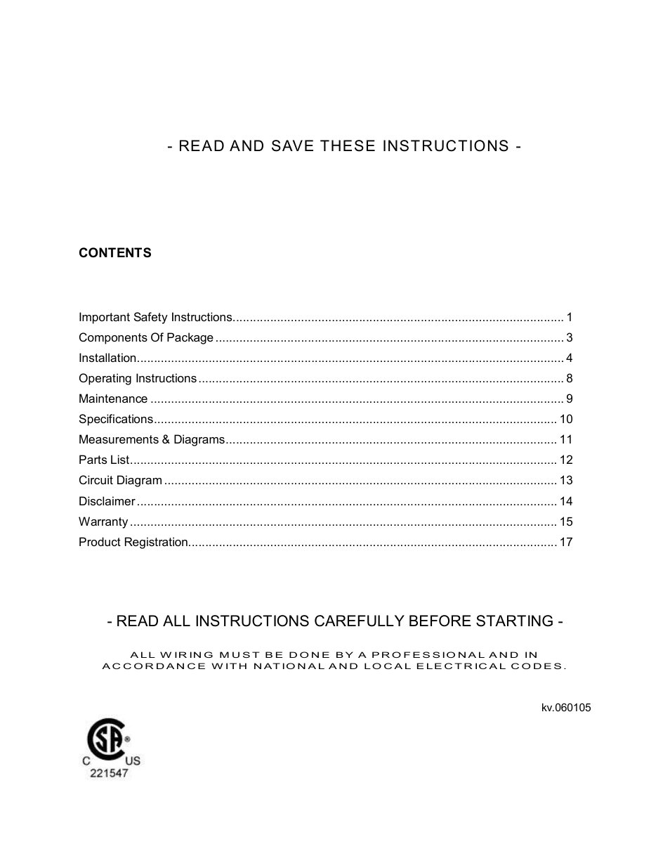 Read and save these instructions, Read all instructions carefully before starting | Kobe Range Hoods RA2836SB User Manual | Page 2 / 19