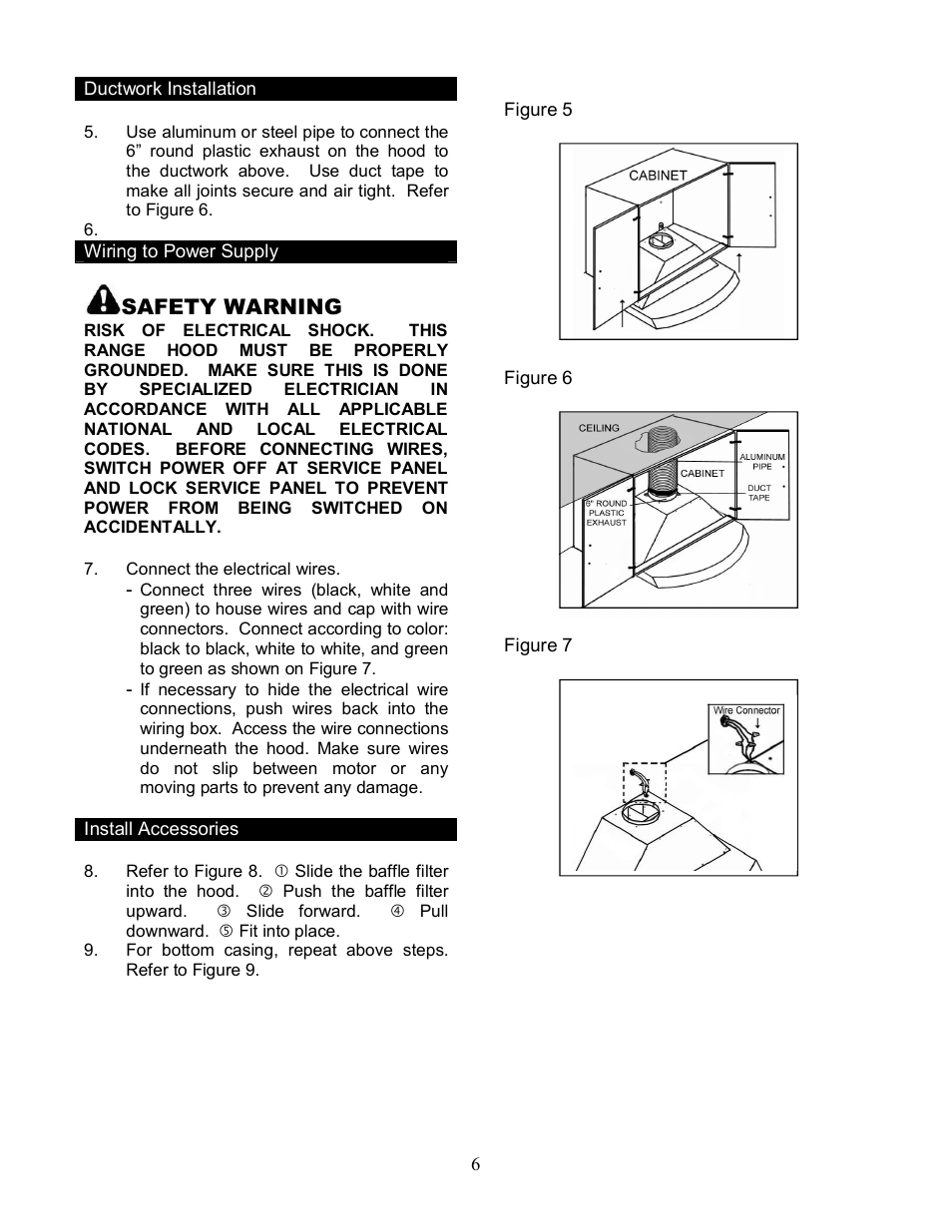 Safety w a rnin g | Kobe Range Hoods RA2836SB User Manual | Page 8 / 19