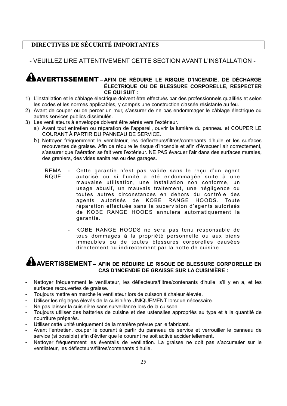 Avertissement | Kobe Range Hoods IS2036GS User Manual | Page 27 / 72
