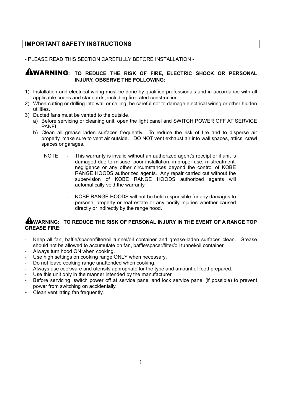 Warning | Kobe Range Hoods IS2036GS User Manual | Page 3 / 72
