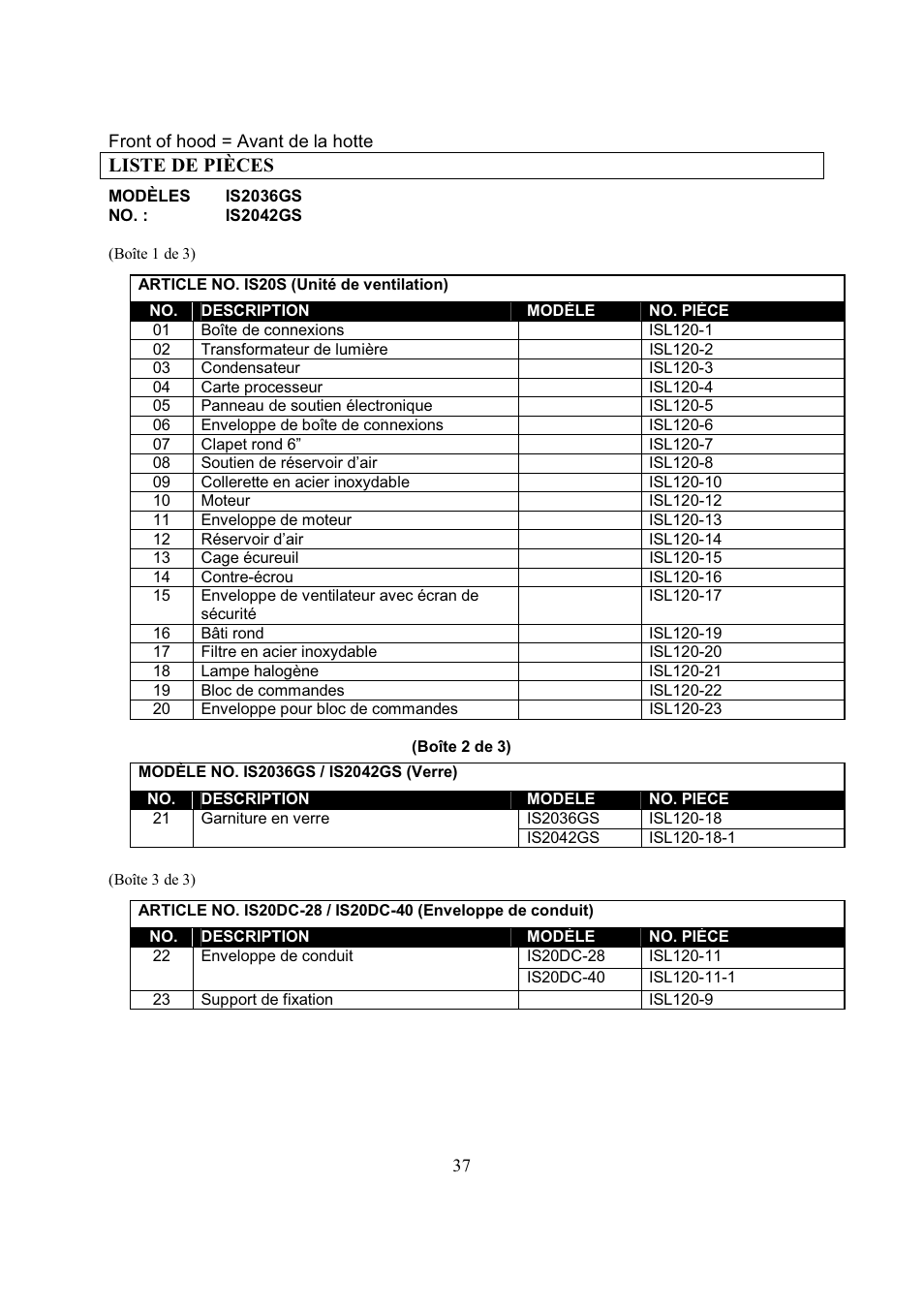 Liste de pièces | Kobe Range Hoods IS2036GS User Manual | Page 39 / 72