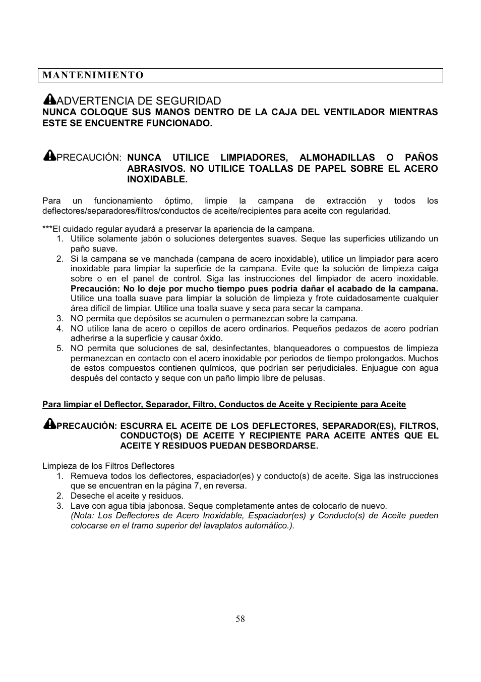 Advertencia de seguridad | Kobe Range Hoods IS2036GS User Manual | Page 60 / 72