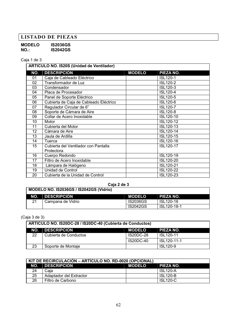 Lista do de pi e za s | Kobe Range Hoods IS2036GS User Manual | Page 64 / 72