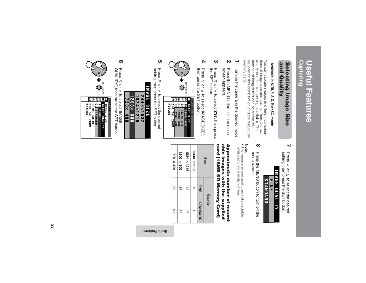 Useful features, Capturing selecting image size and quality | Kitchen Star VE-CG40U User Manual | Page 33 / 83