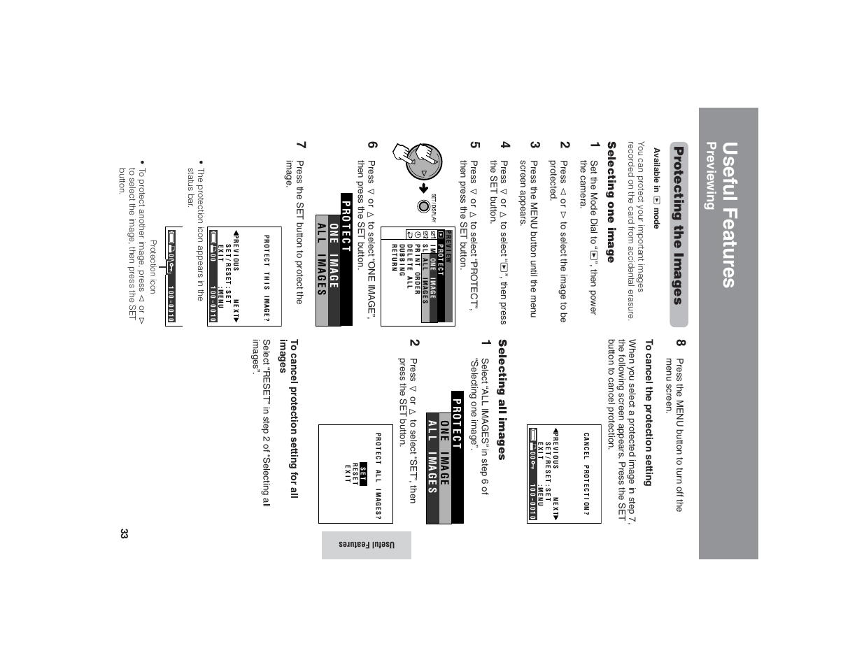 Useful features, Pre vie wing pr otecting the images | Kitchen Star VE-CG40U User Manual | Page 43 / 83