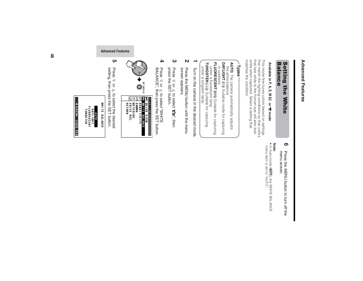 Setting the white balance, Ad v anced features | Kitchen Star VE-CG40U User Manual | Page 58 / 83