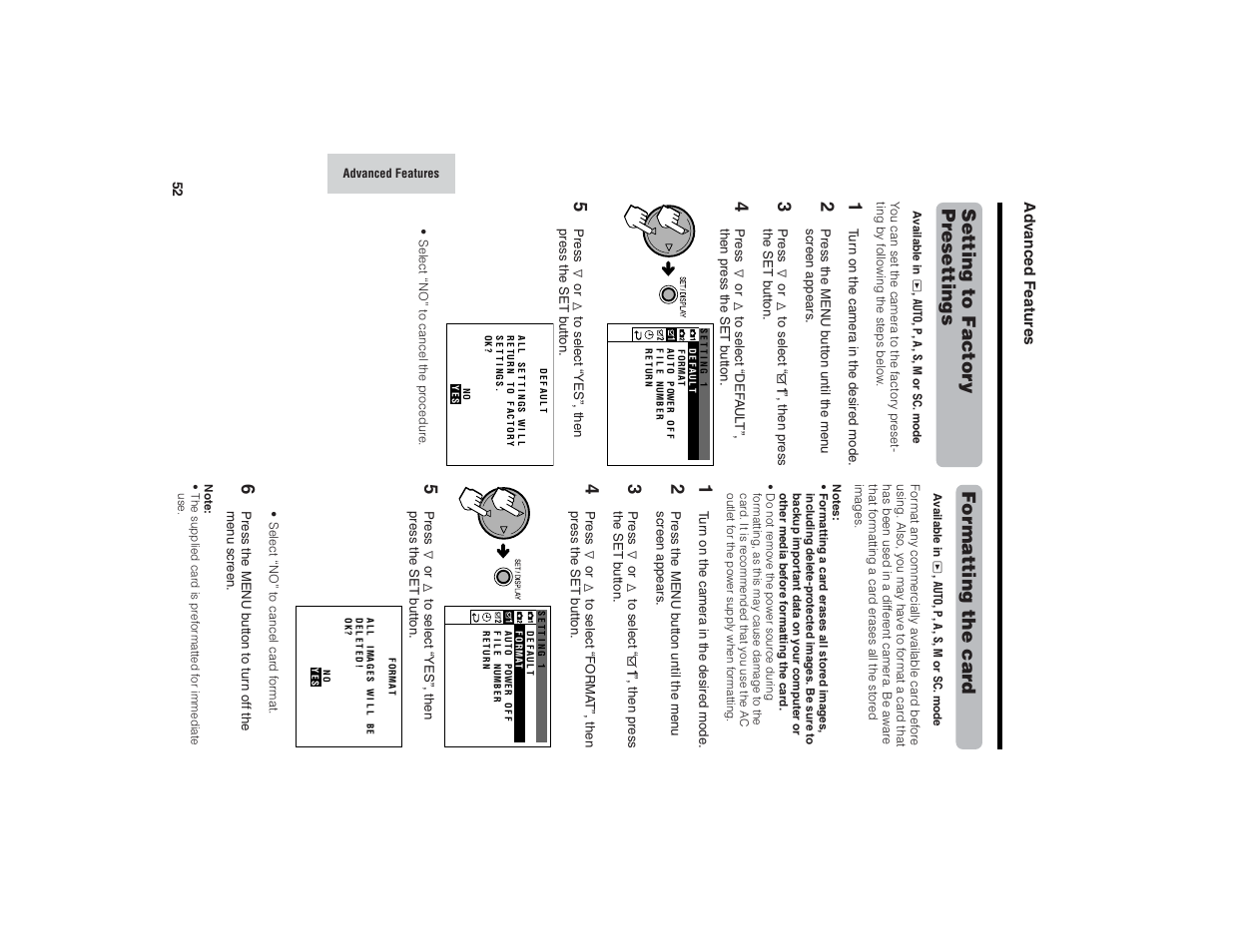 Setting to factor y pr esettings, For matting the car d | Kitchen Star VE-CG40U User Manual | Page 62 / 83